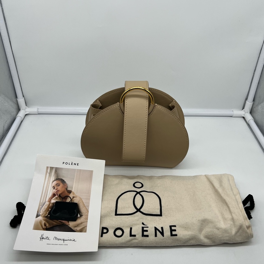 NEW POLÈNE Numero Six Sand Beige Leather Gold Hardware Round Clutch Wristlet - Picture 4 of 17